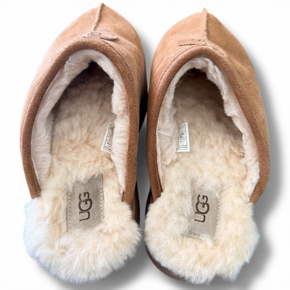 UGG Brown Suede Discoquette Slippers with Beige Fur Lining Size 8 - Picture 3 of 4